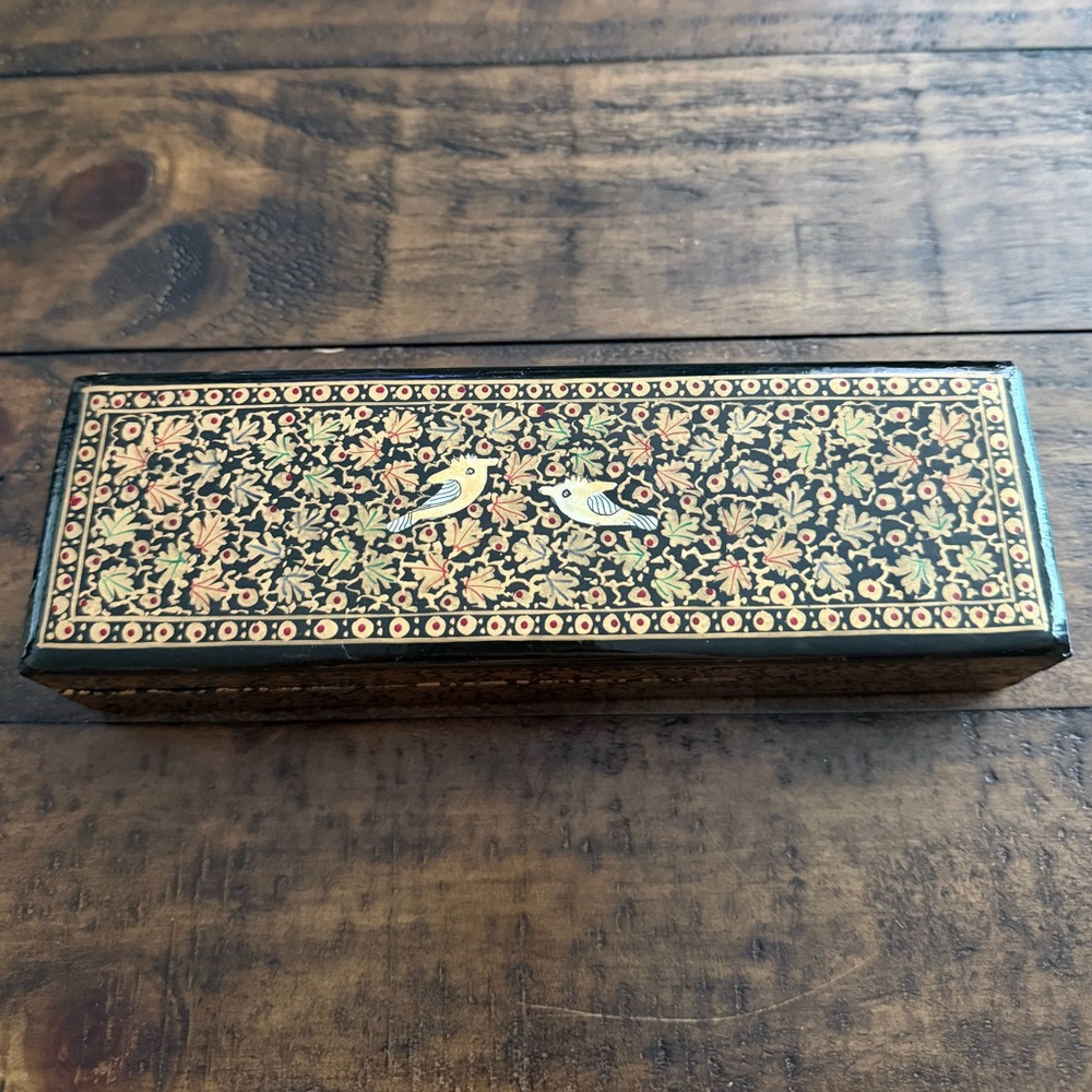 Leaf and Bird Motif Papier Mache and Wood Decorative Box Unique Handcrafted